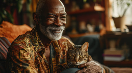 happy people at home with favorite pet , love and friendship of human and animal pragmaの素材