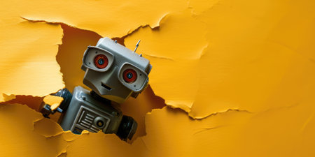 Close up view picture of the hollow yellow hole on the the wall that show the robot stay inside the wall that has been made from some material yet still can break to look through other side. AIGX03.の素材