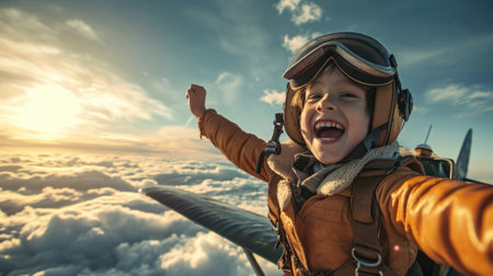 The side view of the picture that has the child flying into the bright sky with the aviator costume and the pair of goggles under the bright light of the bright sun with the happy smile face. AIGX03.の素材