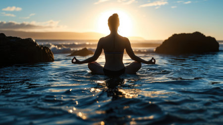 The picture of the young or adult female human doing the yoga pose for relaxation or meditating the mind in the middle of the nature under the bright sun in the daytime of a dawn or dusk day. AIGX03.の素材