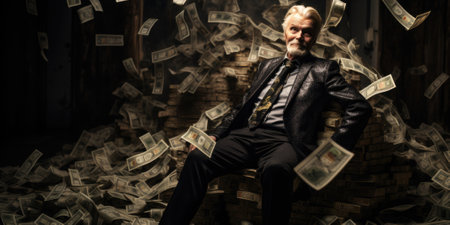 Billionaire on Huge Pile of Banknotes Rich and Prosperity Comelinessの素材
