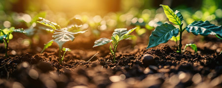The growing little tiny green plants on the soil and dirt that has been received the source of the food from the bright light of the morning sun at the daytime in the summer or spring of year. AIGX03.の素材
