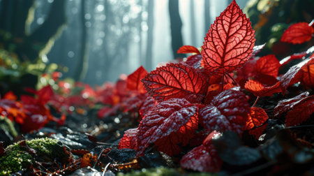 The picture of nature that focused to the red leaf from tree in the forrest that stay on ground and got illuminated with the bright light of sunlight in the summer or spring time of the year. AIGX03.の素材