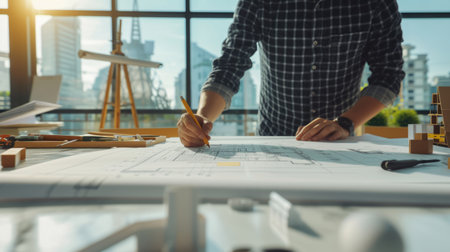 An architect meticulously examines construction blueprints on a desk within a sleek, contemporary office space. AIG41の素材