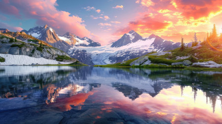 A majestic mountain landscape at sunset, snow-capped peaks, a crystal-clear lake reflecting the vibrant sky, serene nature. Resplendent.の素材