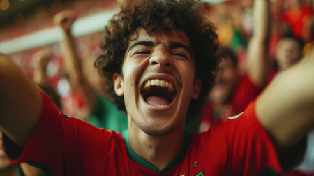 A fan wearing a hat joyfully shouts and waves the Portuguese flag in the stadium among the entertained crowd during the event. AIG41の素材