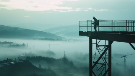 A construction worker stands on an elevated platform, overseeing a foggy industrial site, ensuring safety and project progress. AIG41の素材