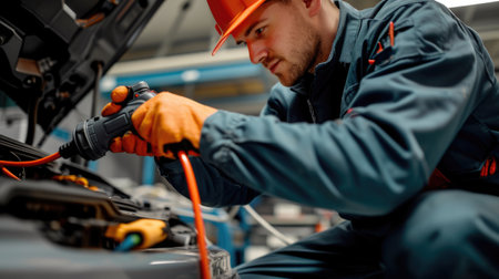 An engineer is using a drill to work on an electrical box, wearing electric blue workwear and safety gloves, handling wires and metal. AIG41の素材