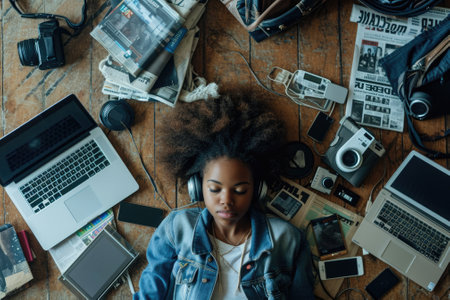The top view of picture that about young african american human laying down and listening to the music and focused in the full of the thought and music with room that surrounded with devices. AIGX03.の素材