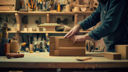 An experienced artisan carefully shapes wooden elements, demonstrating the art of fine woodworking in his cluttered workshop. AIG41の素材