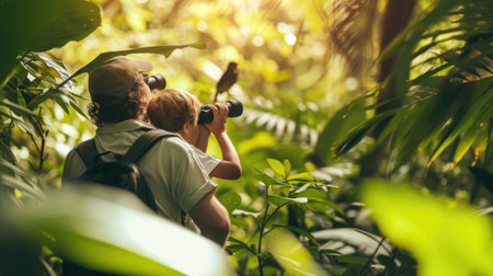 young explorers use binoculars to observe a colorful bird, immersed in the vibrant foliage of a dense forest. AIG41の素材