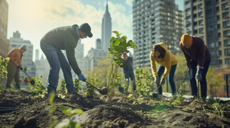 A group of people is tending to plants, shrubs, and trees in a garden, with city buildings visible in the background. AIG41の素材