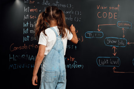 Back view of a school girl wear bib, the kid standing and writing the code about getting time on...