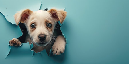 Close up view picture of the hollow blue hole on the the wall that show the dog stay inside the wall that has been made from some material yet still can break to look through the other side. AIGX03.の素材