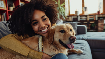 happy people at home with favorite pet , love and friendship of human and animal pragmaの素材