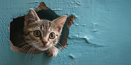 Close up view picture of the hollow blue hole on the the wall that show the cat stay inside the wall that has been made from some material yet still can break to look through the other side. AIGX03.の素材