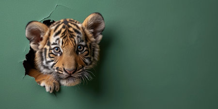 Close up view picture of the hollow green hole on the the wall that show the tiger stay inside the wall that has been made from some material yet still can be break to look through other side. AIGX03.の素材