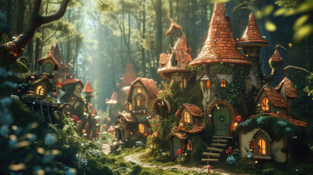Nestled in an enchanted forest, this village boasts whimsical fairytale cottages surrounded by lush greenery and blooming flowers. Resplendent.の素材