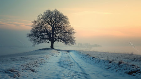 The picture of the single tree that has been covered with white snow in the middle of the empty snow land in the winter season and light from the sun can make everything bright clear on land. AIGX03.の素材