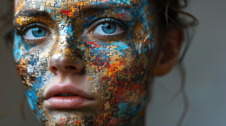 The adult female human head look at side view in the contemplation that has been created from the scattered and uncompleted colourful jigsaw puzzles by gather them in form of the woman head. AIGX03.の素材