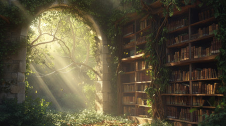 An ancient library in a hidden forest, overgrown with ivy, books filled with forgotten lore, mystical ambiance, sunlight filtering through leaves. Resplendent.の素材