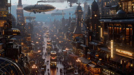 A fleet of steampunk airships hovers above a Victorian-inspired cityscape, enveloped in a golden mist at dawn. Resplendent.の素材