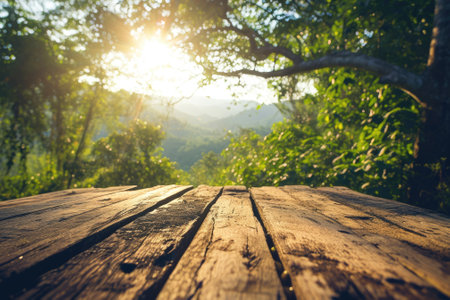 The picture of the wood table in the middle of the forest that surrounded with an uncountable amount of tree and plant in the forest with a bright light from the brightest sun of the daytime. AIGX03.の素材