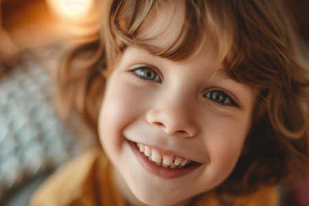 A joyful curly-haired child smiles brightly at the camera, surrounded by a loving family and a pet dog in a cozy home setting. AIG41の素材