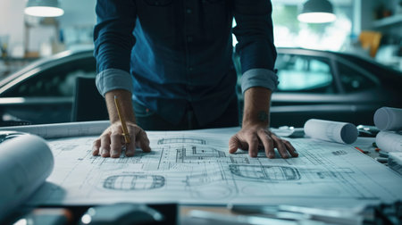 A man is leisurely sitting at a table, sharing a blueprint with engineering plans, while enjoying the art of architecture. AIG41の素材