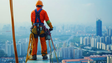 A construction worker in a helmet stands atop a building, gazing at the citys skyline, with the sky filled with clouds. AIG41の素材