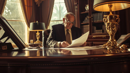 A focused executive evaluates paperwork in the prestigious setting of a wood-paneled office, reflecting professionalism and determination. AIG41の素材