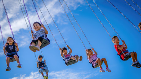 A joyful event of leisure and fun as a group of children travel through the sky on electric blue swings, happily sharing the experience in the clouds. AIG41の素材