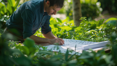 An overhead view of a landscape architect analyzing garden design plans amidst a lush green setting. AIG41の素材