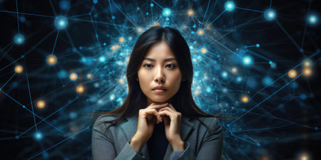 Tech analyst study cyber data chart from corporate system for statistical analytic defining marketing plan and strategy to compete in futuristic technology businessの素材