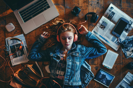 The top view of picture that about young scandinavian human that laying down and listening to the music and focused in the full of the thought and music with room that surrounded with devices. AIGX03.の素材