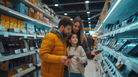 A family is exploring books at a library, having fun and browsing through various genres. They discuss different patterns, travel, and art concepts. AIG41の素材