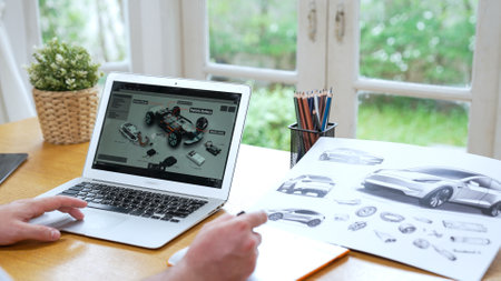 Car design engineer analyze car prototype for automobile business at home office. Automotive engineering designer carefully analyze, finding flaws and improvement for car design with laptop Synchronosの写真素材