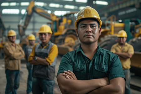 group portrait of construction workers with background of excavation machinery aigx04の素材