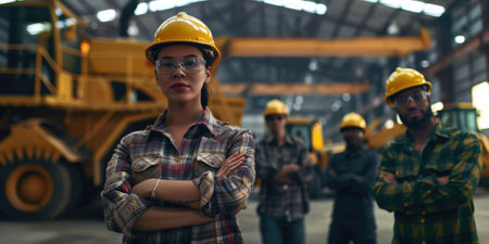group portrait of construction workers with background of excavation machinery aigx04の素材