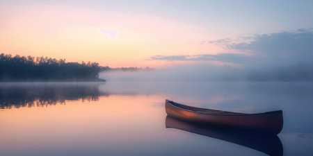 A single canoe rests on the calm waters of a misty lake reflecting the golden sunrise and the surrounding forest. Resplendent.の素材
