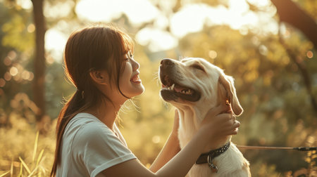 playful dog and its owner in nature outdoor , healthy lifestyle pragmaの素材