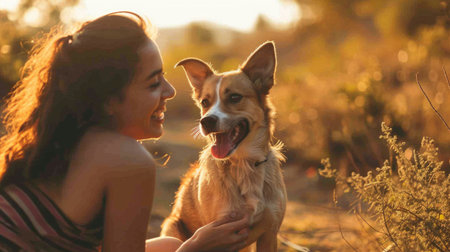 playful dog and its owner in nature outdoor , healthy lifestyle pragmaの素材