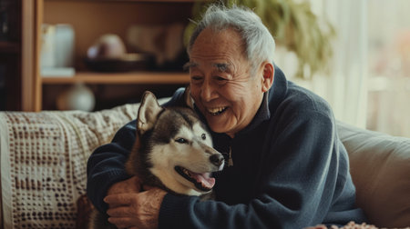 happy people at home with favorite pet , love and friendship of human and animal pragmaの素材