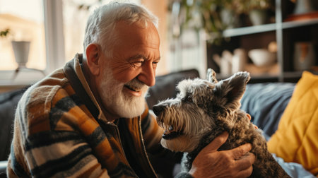 happy people at home with favorite pet , love and friendship of human and animal pragmaの素材