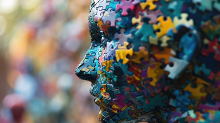 A adult male human head look at side view in the contemplation that has been created from the scattered and uncompleted colourful jigsaw puzzles by gather them in form of the male human head. AIGX03.の素材