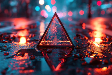 The crystal clear triangle orange prism that has been put on the wet floor and the wet floor reflect everything and shine the reflection of the opposite from the crystal clear triangle prism. AIGX03.の素材