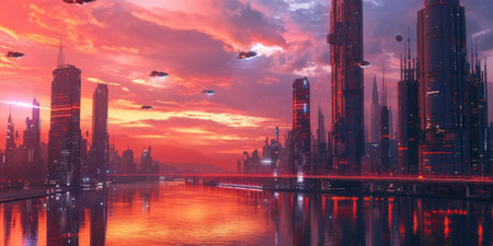 Futuristic city glows with soft hues, complemented by the sleek design of hovering vehicles above the vibrant skyline. Resplendent.の素材