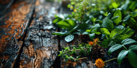 The picture of nature that focused to the green leaf from tree in the forrest that stay on ground and got illuminated with bright light of a sunlight in the summer or spring time of the year. AIGX03.の素材