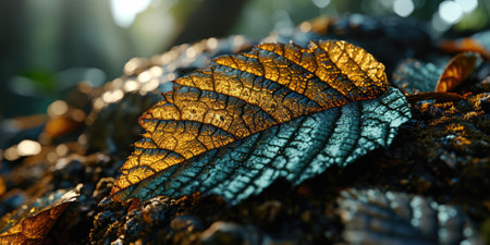 The picture of nature that focused to the gold leaf from tree in the forrest that stay on ground and got illuminated with the bright light of sunlight in the summer or spring time of the year. AIGX03.の素材