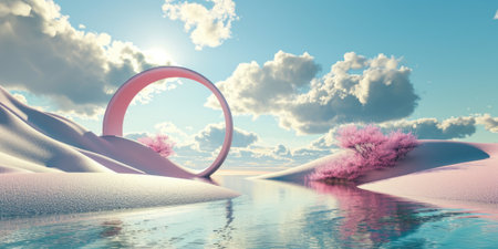 A pink round portal in the middle of the river that connected to the ocean and surrounded with the a huge pile of sand and sandstone mountain under the cloudy sky in the bright morning day. AIGX03.の素材